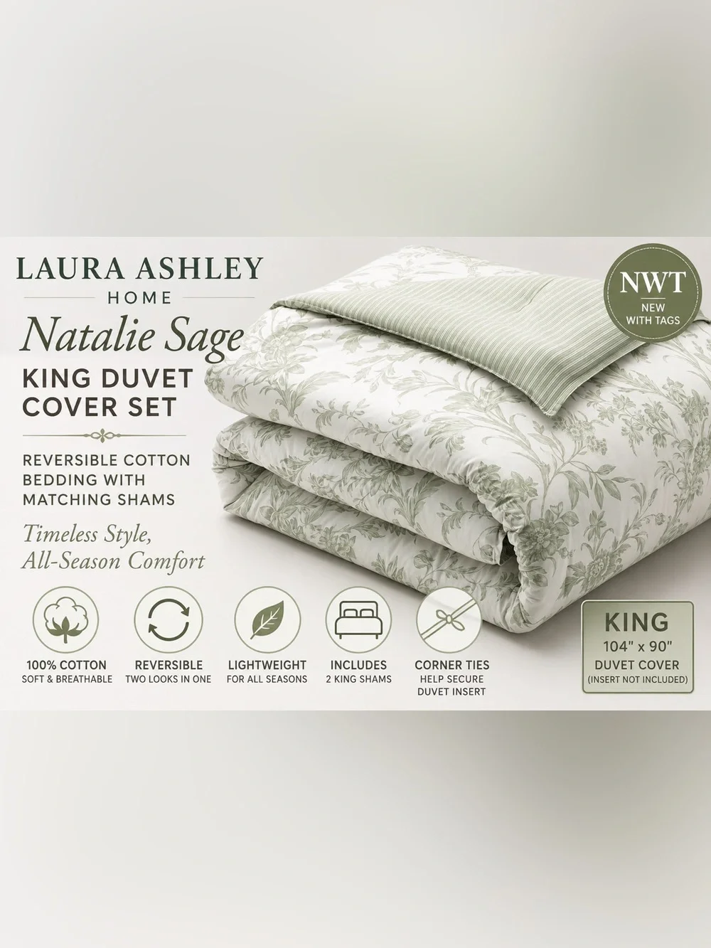 Laura Ashley Natalie Sage King Duvet Cover Set Reversible Cotton NWT